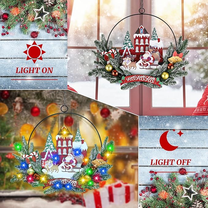 Light up Christmas Wreaths for Front Door, Welcome Metal Wooden Door Wreath Decor Hanging Sign, 30 LED Lighted Wall Decor Battery Operated for Halloween Indoor Outdoor (Santa Claus)