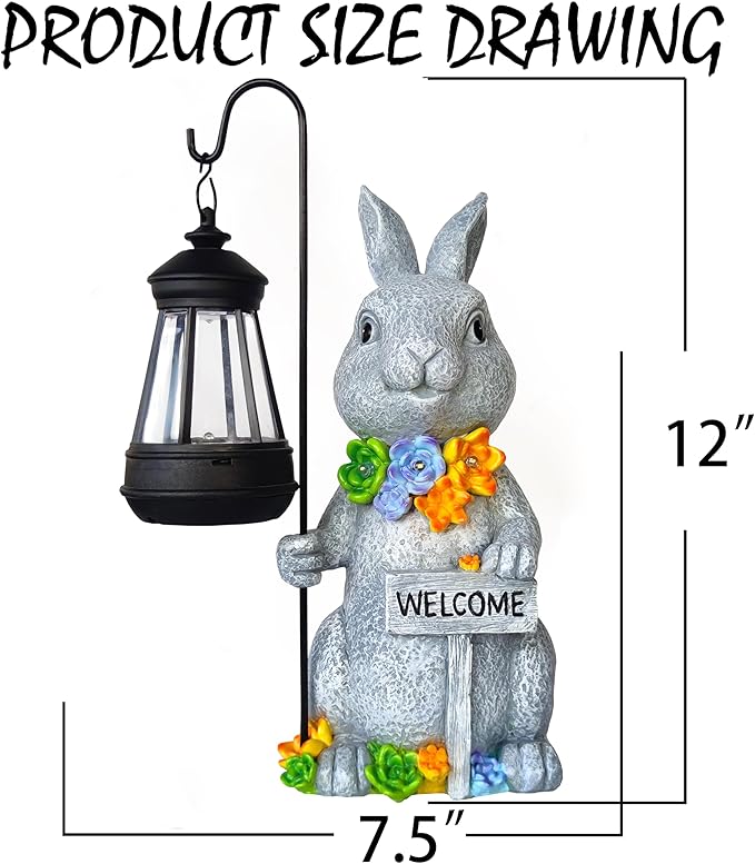 Rabbit Solar Lights Lantern Garden Statues with Succulent and 4 LED Lights - Outdoor Bunny Welcome Figurines Decorations for Patio Yard Lawn Ornaments Gifts for Birthday Easter Housewarming