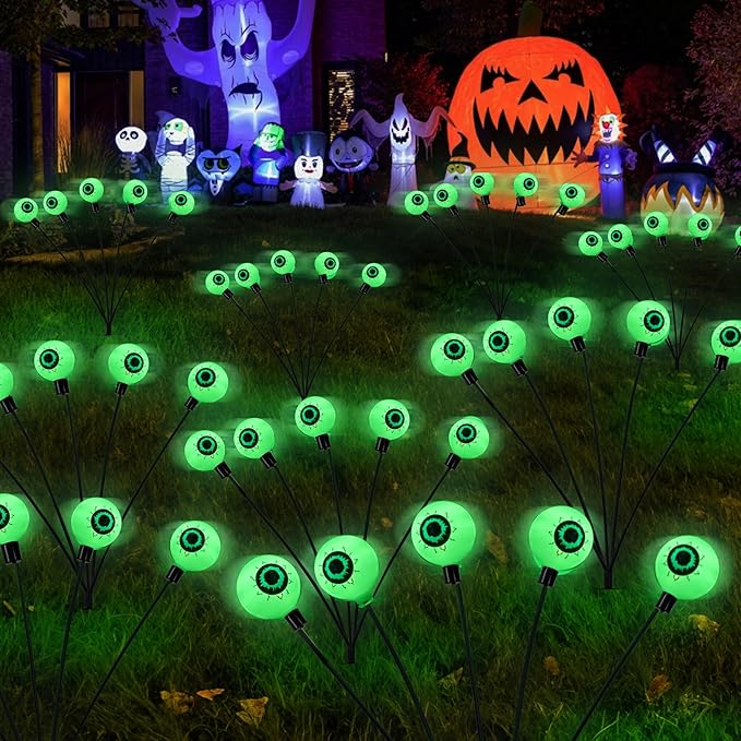 Dazzle Bright Halloween Decorations Outdoor, 2 Pack 12LED Solar Eyeball Pathway Lights, Scary Waterproof Solar Green Firefly Lights for Garden Lawn Yard Decor