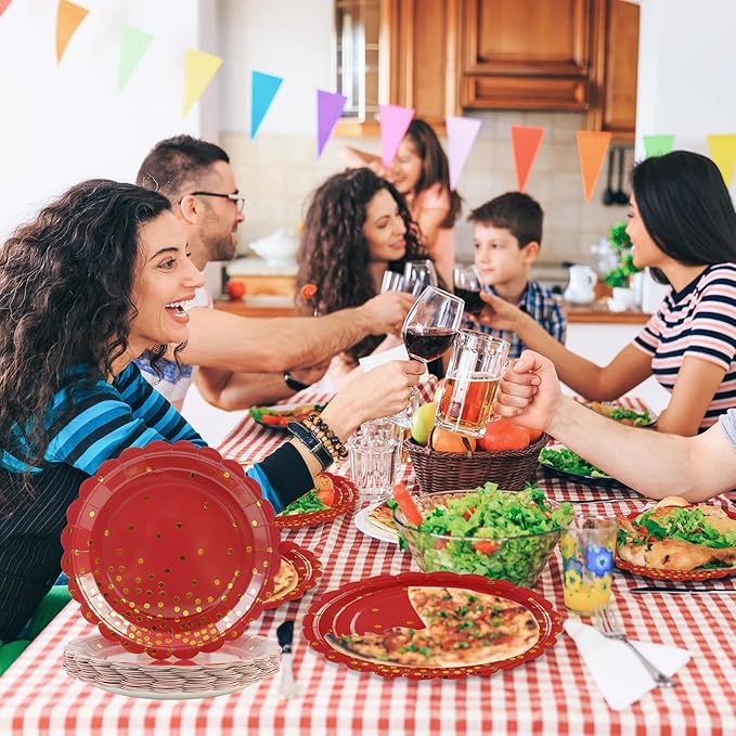 50PCS Red Paper Plates, 7 Inch Scalloped Red and Gold Party Plates Disposable Foil Polka Dots Dessert Plate Cake Plate for Wedding Baby Shower Birthday Anniversary Bachelorette Dinner BBQ