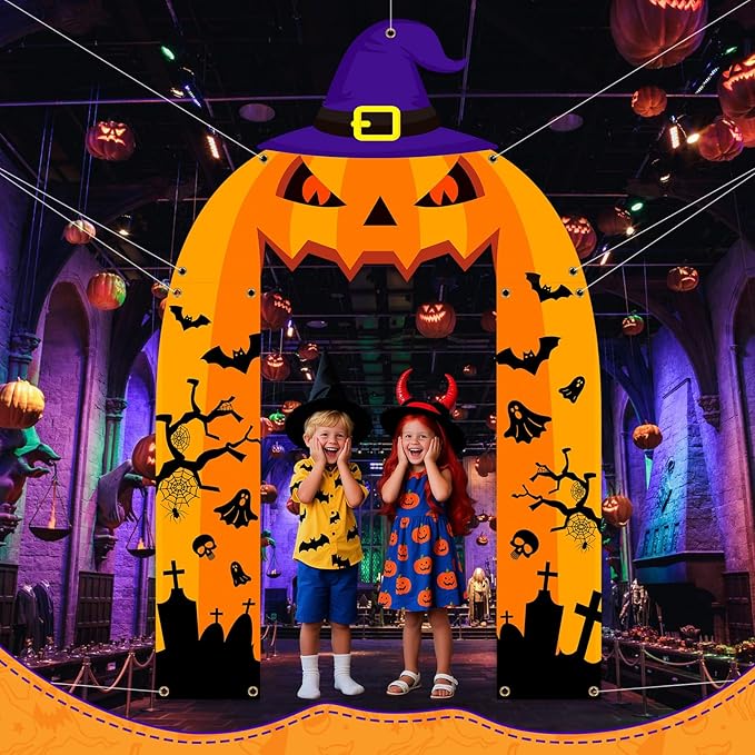 Halloween Pumpkin Party Porch Banner Witch Hat Grimace Pumpkin Archway Door Banner for Halloween Decorations Porch Sign for Birthday Photo Backdrop Outdoor Front Door Cover Indoor Hanging Supplies