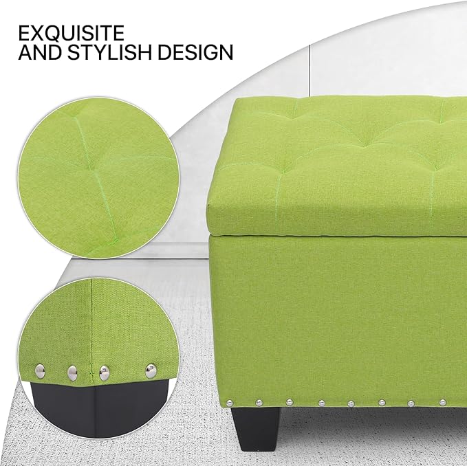 MoNiBloom 42 Inch Long Bench with Storage, Modern 40L Inner Space Green Linen Foot Stool for Bedroom, Upholstered Padded Rectangular Fabric Tufted Bench Footrest with Wood Legs with 660 Lbs Capacity
