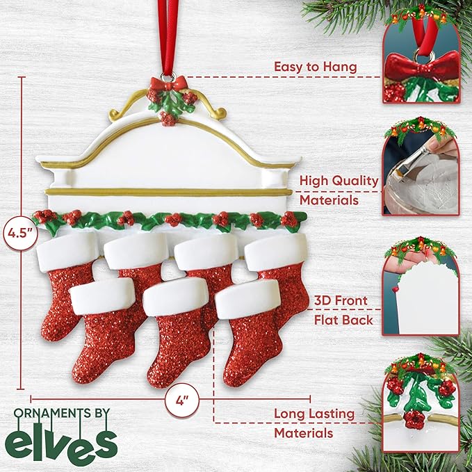 3D White Mantle Family of 7 Christmas Ornament 2025 Personalized Family Christmas Ornaments 2025 | Garland Fireplace Personalized Tree Ornaments Customizable Gifts Red Stockings of Seven Ornament