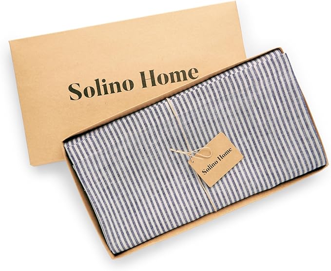 Solino Home Linen Tablecloth 60 x 90 Inch - Narrow Stripe 100% Pure Linen Navy and White Table Cloth for Rectangle Tables - Machine Washable Tablecloth for Fall, Autumn, Thanksgiving