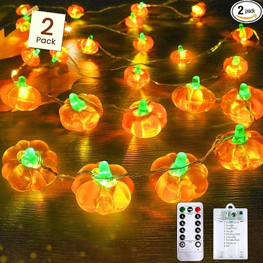 2 Pack 60LED Fall Decoration 3D Pumpkin String Lights Battery Operated, 20FT Fall Lights with Remote, Waterproof 8 Modes Fairy Lights for Autumn Harvest Thanksgiving Halloween Decor