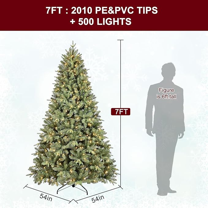 7FT Pre-Lit Artificial Christmas Tree with 2010 PE&PVC Mixed Branch Tips, 500 Warm White Lights, Hinged Premium Spruce Fake Xmas Trees, Green, Foldable Base