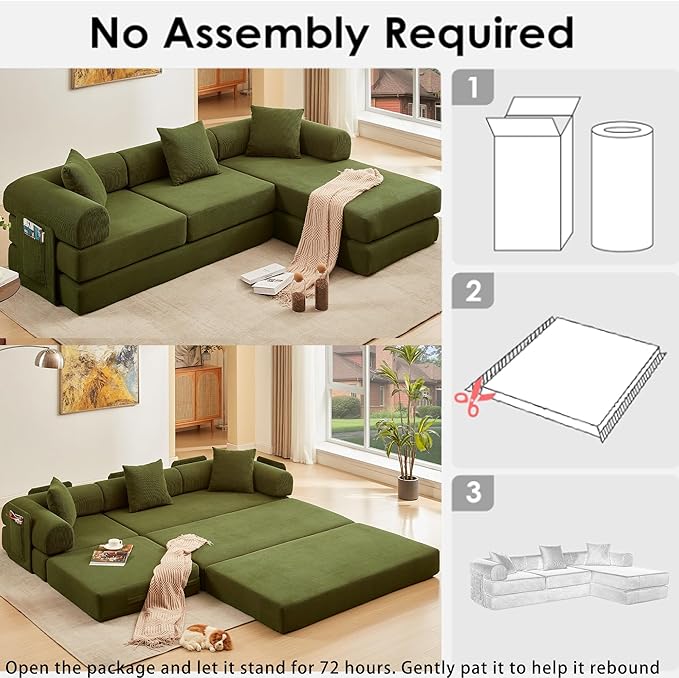 107" Oversized Convertible Sleeper Sofa Bed, Corduroy L Shape Sectional Couch, Folding Sofa Bed with Side Pocket, Modern Cloud Floor Mattress Couch, Modular Sofa for Living Room, Green