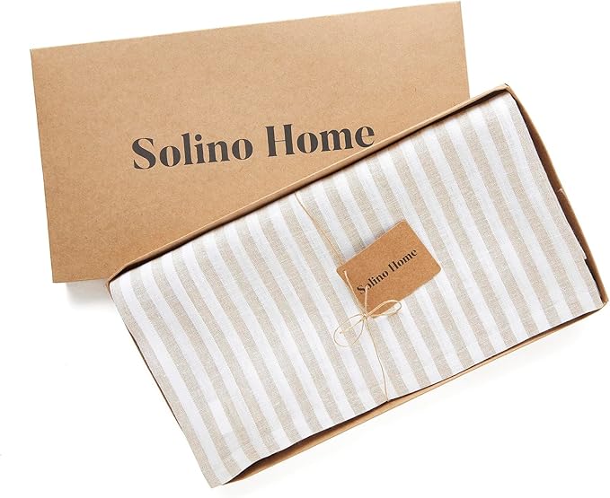 Solino Home Linen Tablecloth 60 x 90 Inch - Amalfi Stripe 100% Pure Linen Natural and White Table Cloth for Rectangle Tables - Machine Washable Tablecloth for Fall, Autumn, Thanksgiving