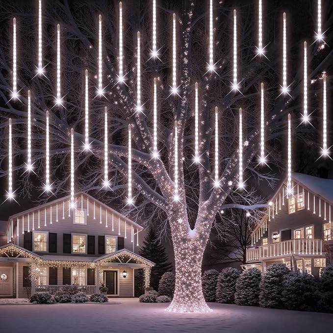 PEMOTech Christmas Lights Outdoor,[Timing Function] 24tubes 30cm 576 Led Meteor Shower Lights, Waterproof Christmas Decorations Icicle Light for Christmas Trees Halloween Party, Ul Plug,Cool White