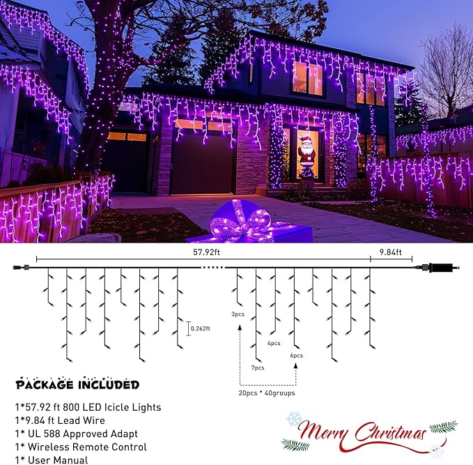 JMEXSUSS Purple Halloween Lights Outdoor, 800 LED Purple Icicle Lights Outdoor Waterproof, 8 Modes String Light Plug in for Fireplace Tree Garden Patio Halloween Decor