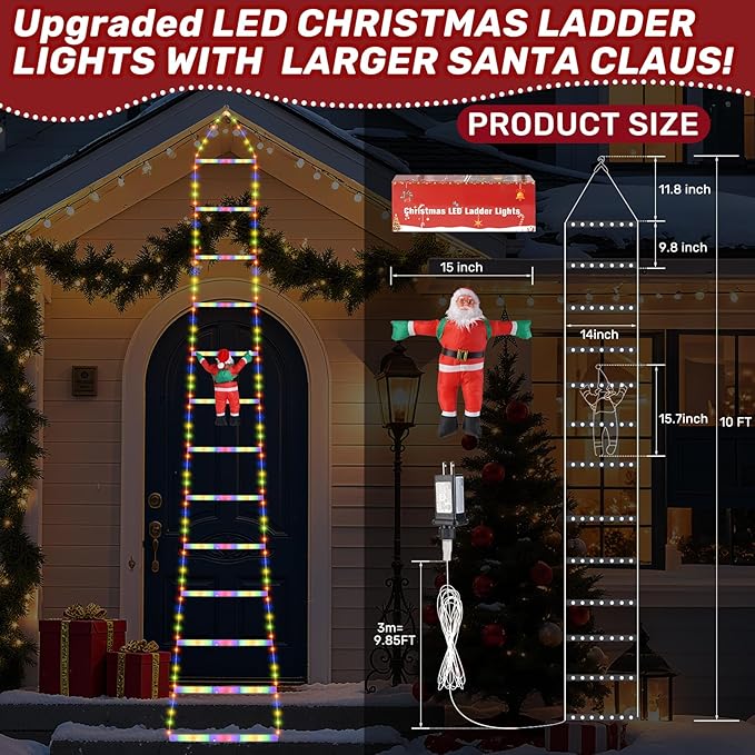 LED Christmas Ladder Lights 10ft with Santa Claus Decorations 2025 Upgrade Decorative Multicolor Lights for Outdoor and Indoor, Window, Garden, Home, Wall, Xmas Tree Decor Waterproof with 8 Modes