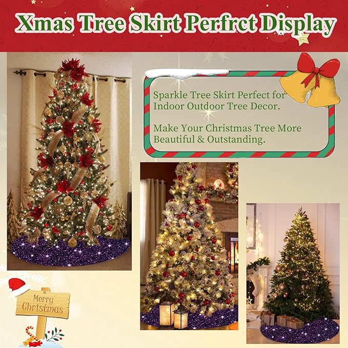 Purple Christmas Tree Skirt Decorations 46 Inch Sequin Christmas Tree Skirt Sparkly Halloween Tree Mat Velvet Tree Skirts Xmas Home Decor Sequins Tree Cover Round Tree Base Skirt for Christmas Decor