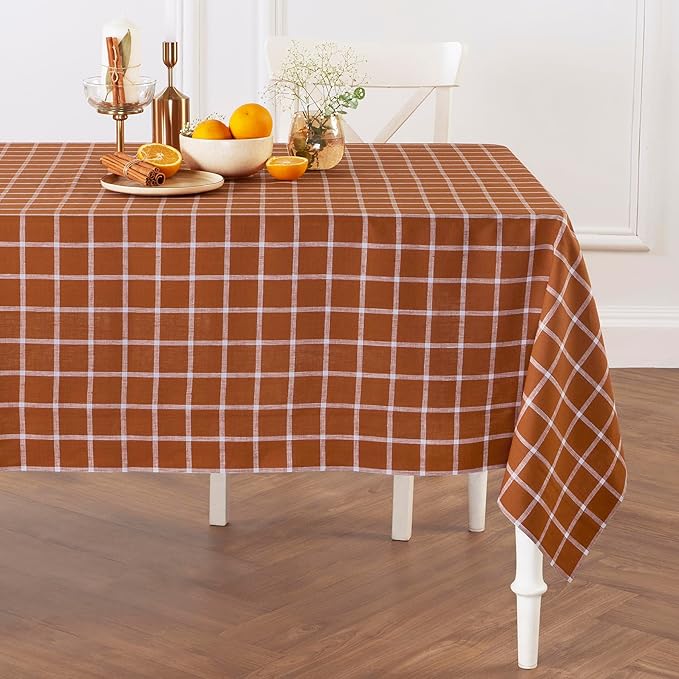 Solino Home Linen Tablecloth 60 x 108 Inch - 100% Pure Linen Windowpane Cinnamon Table Cloth for Rectangle Tables - Machine Washable Tablecloth for Fall, Autumn, Halloween, Thanksgiving