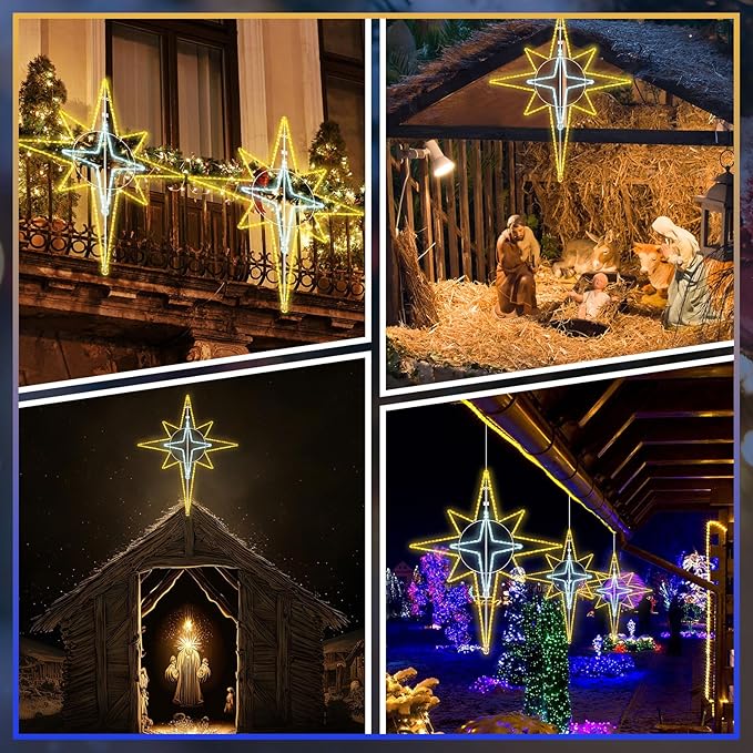 51'' Christmas Star of Bethlehem LED Star Hanging Lights Nativity Holy Family Light for Door Window Porch Wall Decoration Plug Operated Lighted Hanging Tree Topper(White, Warm Light)