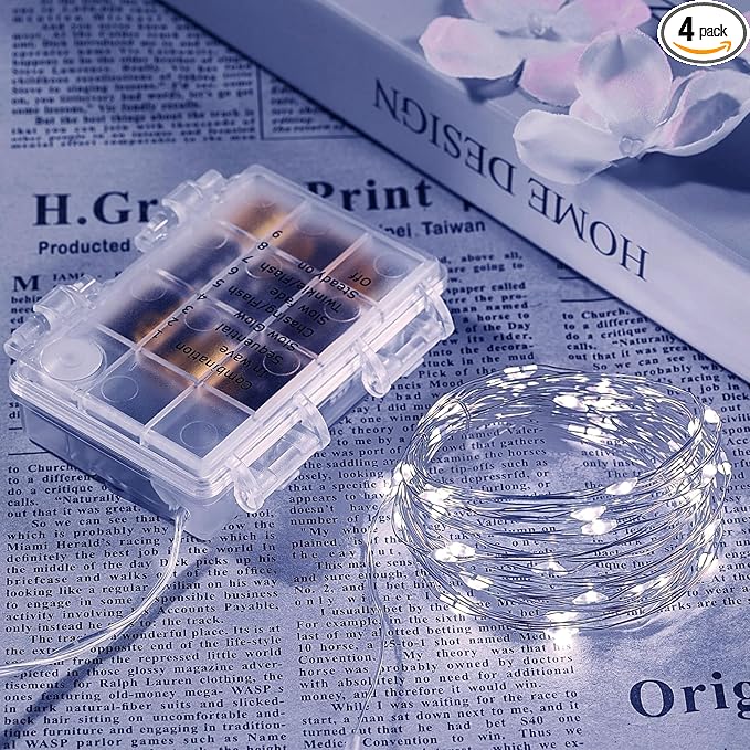 4 Pack 65.6 Ft. Battery Operated Outdoor String Lights with Remote & Timer, LED Cool Whit Fairy Lights, Waterproof Twinkle Lights for Bedroom, Dorm, Mason Jar, Wedding, Party, Christmas