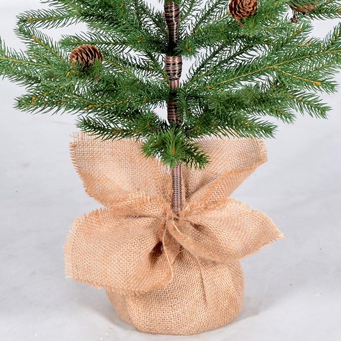 3FT Tabletop Artificial Christmas Tree, 209 Realistic PE Branches, Pine Cone Decorations, Unlit, Cement Base Wrapped in Burlap, Green