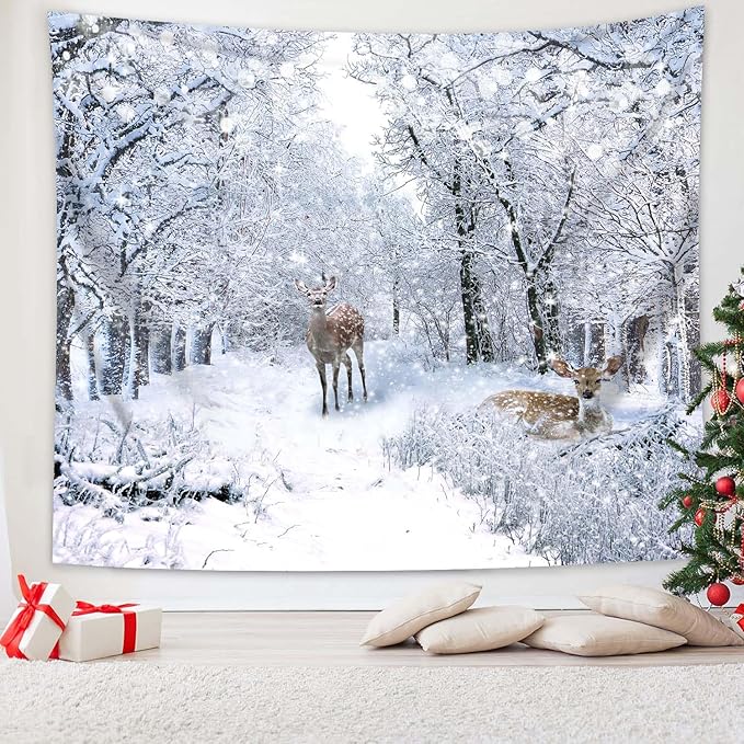 QGHOT Winter Tapestry Wall Hanging, Snow Scene Backdrop Winter Wonderland Wall Decor Snowy Forest Wall Art Nature Woodland Deer Tapestry for Bedroom Room Dorm Party Decoration, Extra Large