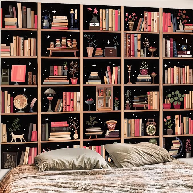 Accnicc Modern Bookshelf Tapestry Black Pink Orange Stylish Minimalist Book Shelf Tapestries Wall Hanging Art Dark Academics Library Book Tapestry for Bedroom Living Room Dorm 80 x 60 inch