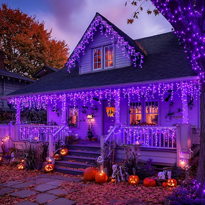 JMEXSUSS Purple Halloween Icicle Lights, 38.8 FT 400 LED Icicle Light Outdoor Waterproof, 8 Modes Purple Halloween Lights with 80 Drops Plug in for House Christmas Party Decorations