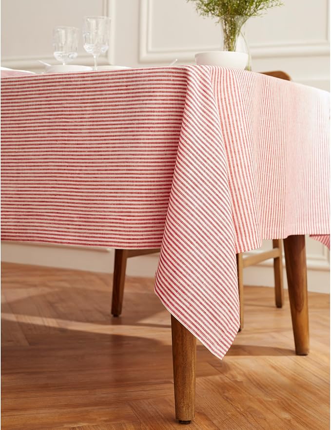 Solino Home Linen Striped Tablecloth 60 x 108 Inch - 100% Pure Linen Red and White Table Cloth for Rectangle Tables - Narrow Stripe, Machine Washable Tablecloth