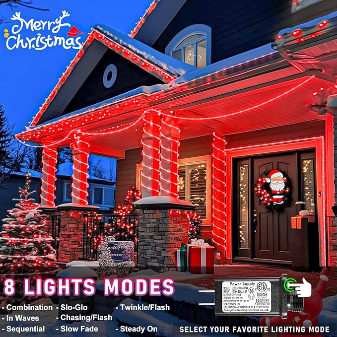 Rope Lights Outdoor, 66FT 200 LED Rope Lights for Indoor with Waterproof 8 Modes, Connectable Clear Tube Lights for Outside, Garden, Backyard, Patio, Deck, Pool, Tree Decorations - Red