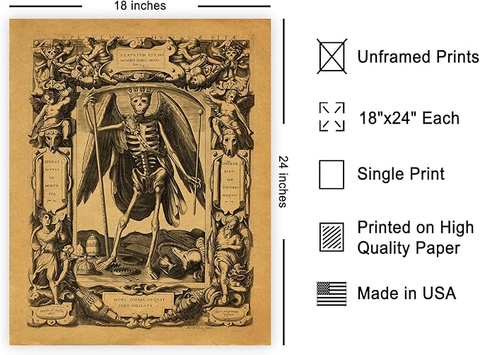 Poster Master Vintage Medieval Poster - Retro Gothic Print - Gift for Artist, Friend - Angel of Death, Memento Mori, Life, Skeleton, Dark - Wall Decor for Home, Living Room, 18x24 Unframed Wall Art