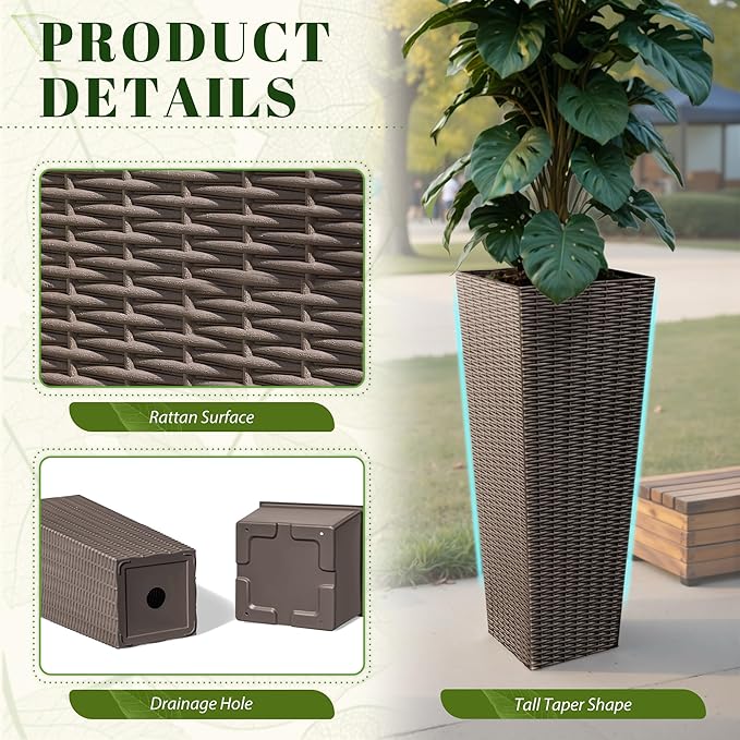 JUMMICO Set of 2 Resin Rattan Tall Planters for Outdoor Plants, Large Tapered Planters with Drainage Holes&Inner Trays, Flower Pots for Garden, Patio, Porch, Backyard (Brown, 32'')