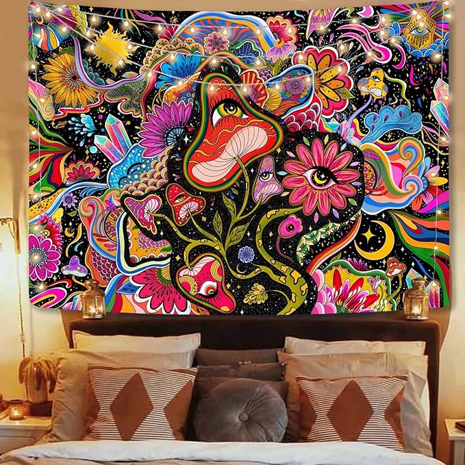 Lunerfex Mushroom Tapestry Pink Flowers Tapestry for Bedroom Aesthetic Tapestries Cute Floral Tapestries Wall Hanging for Bedroom and Living Room Decor Pink Flowers 60×80 Inches