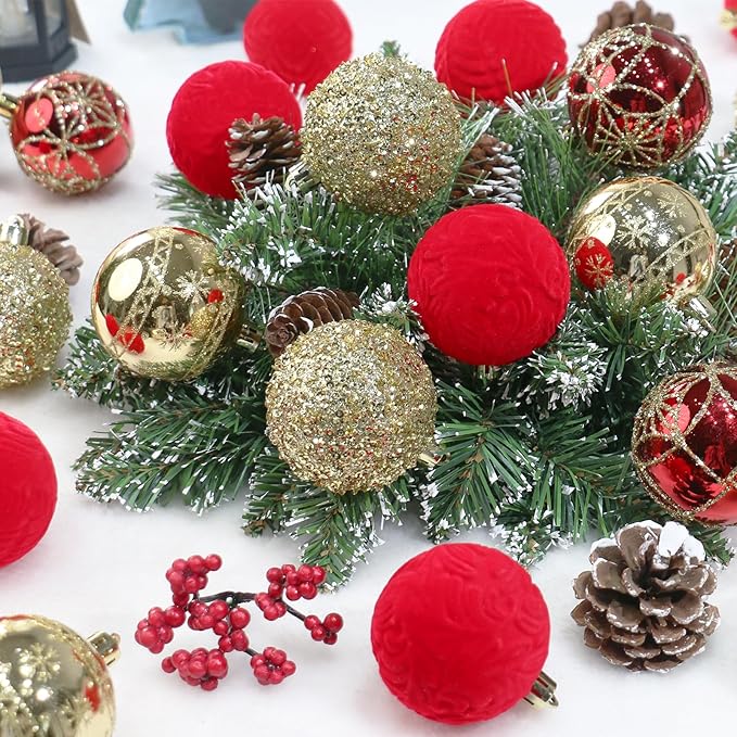 2.36In Velvet Christmas Ball Ornaments, 25PCS Red/Gold Flocked Christmas Tree Hanging Decorations, for Home Holiday Wedding Indoor Xmas Party Decor.