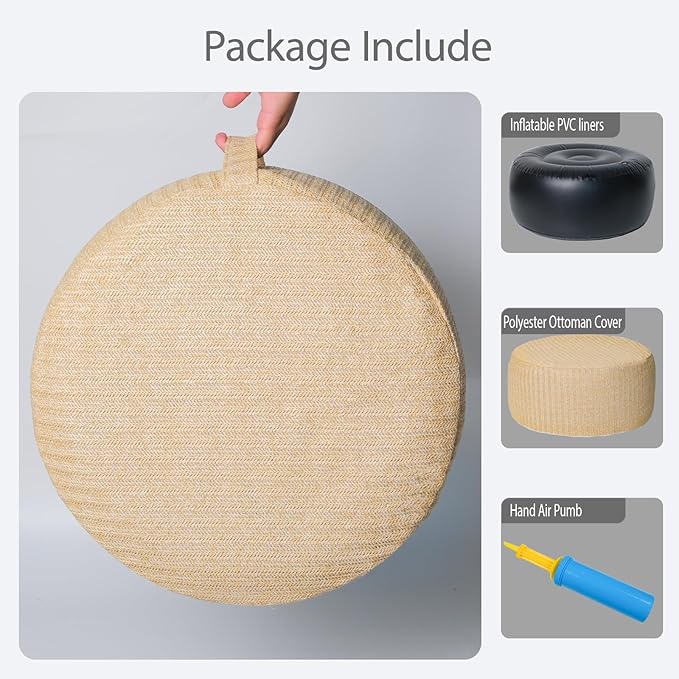 Outdoor Inflatable Ottoman with Air Pump, Fade-Resistant Patio Footrest Stool D21”x H9”, Round Pouf Ottoman with Portable Handle Suitable for Garden, Camping, Bedroom, Living Room