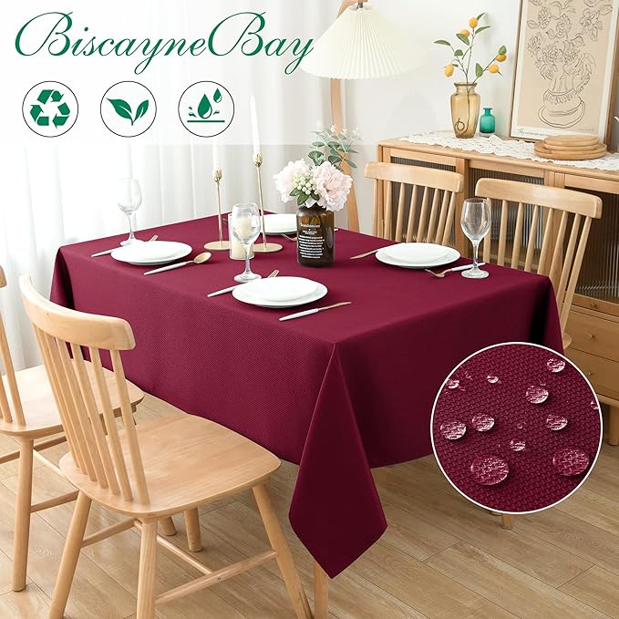 Biscaynebay Textured Fabric Christmas Rectangle Tablecloths 70x108 Inches Rectangular, Burgundy Water Resistant Spill Proof Tablecloths for Dining, Kitchen, Wedding and Parties, Machine Washable