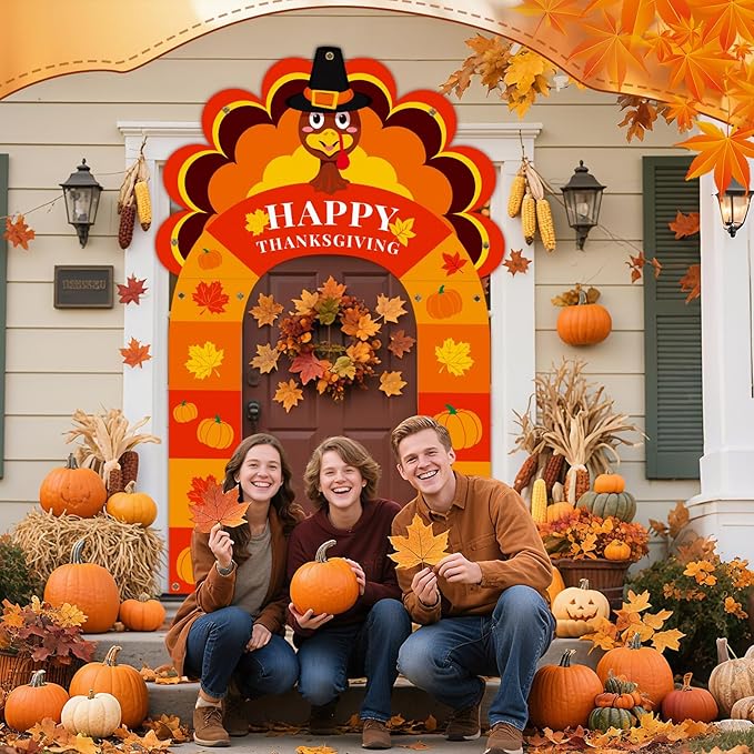 Thanksgiving Turkey Party Porch Banner Fall Pumpkin Maple Leaf Turkey Door Banner for Thanksgiving Decorations Porch Sign Photo Backdrop Outdoor Front Door Cover Indoor Wall Hanging Supplies