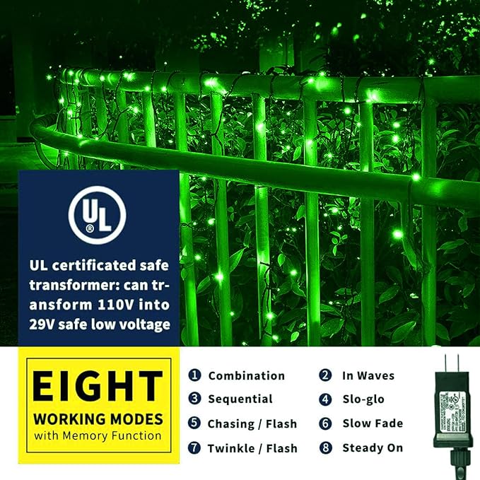 XTF2015 105ft 300 LED Christmas String Lights, End to End Plug 8 Modes Christmas Lights UL Certified Outdoor Indoor Fairy Light Tree, Patio, Garden, Party, Wedding, Holiday (Green)