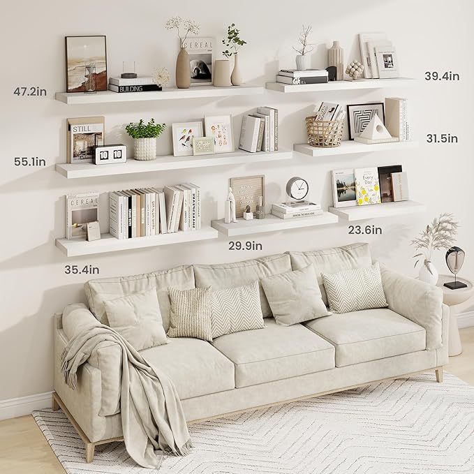 Fun Memories 48 Inch Deep Floating Shelves for Wall, 2 Pack of Long Wall Mounted Wood Shelves with Invisible Brackets for Bathroom, Bedroom, Living Room, Kitchen Decor and Storage, White