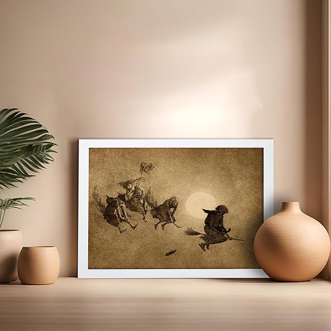 Poster Master Vintage William Holbrook Beard Poster - Retro Occult Print - Gift for Gothic, Horror Fan - The Witches Ride, Pagan, Goth, Magic - Wall Decor for Bedroom, Dorm, 16x20 White Framed