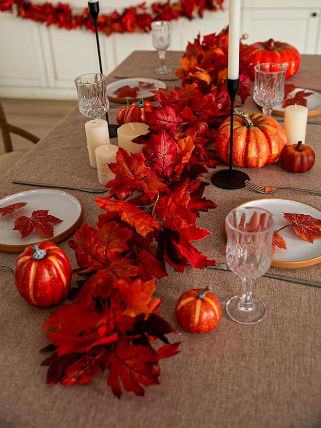 Party Joy 6PCS Artificial Maple Leaf Garland - 5.6Ft Autumn Red Fall Decor for Front Door, Table & Wall, Thanksgiving Garland Hanging Vines with Realistic Leaves