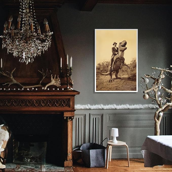 Goth Decor Antiqued Wicca Art Poster Dark Academy Dinosaur And Cowboy Canvas Wall Art Horror Posters Spooky Indoor Art Family Bedroom Office Space Decor 24X36inch Unframed