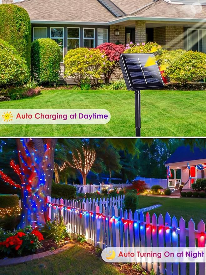 4th of July Decorations Outdoor, 4pk Red White and Blue Solar String Lights, 400LED 132FT LED Patriotic Light Waterproof, Solar Fairy Twinkle Light for Independence Day Yard Garden Tree Decorations