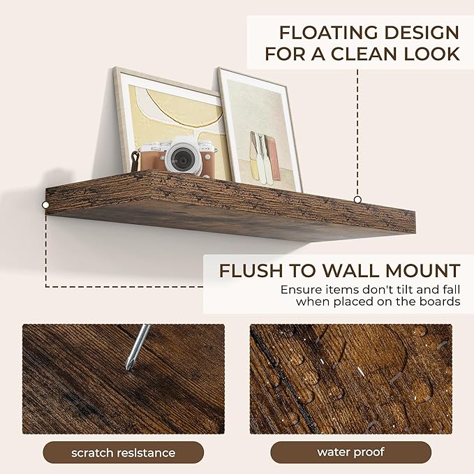 RICHFOCUS 36Inch Floating Shelves for Wall 2 Pack Shelves for Bedroom|Kitchen|Bathroom Wall Mounted Rustic Wood Floating Shelf with Invisible Brackets for Books|Storage|Decor, Rustic Brown