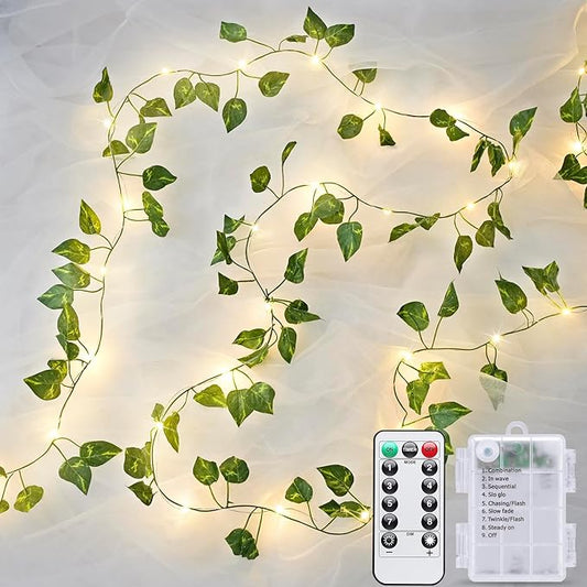 JMEXSUSS 33Ft Vines with Lights Battery Operated, 100 LED Pothos Leaf Vine Lights for Bedroom Wall Room Party Wedding Decoration (Warm White)