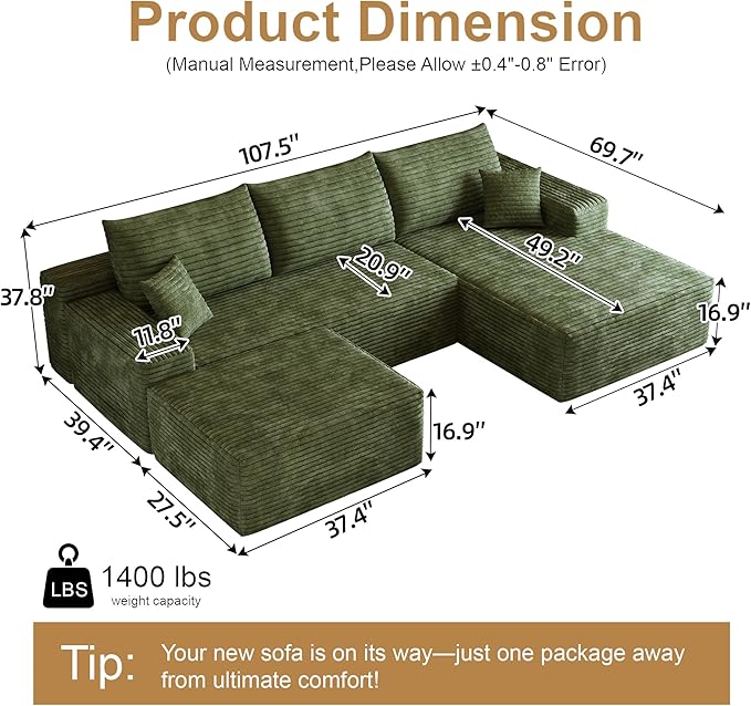 108" Sectional Couches for Living Room Modern Modular Sofa with L-Shape Couchs Upholstered Boneless Couch Deep Seat Sectional Couch with Chaise (Green, Right Facing Chaise+2Seaters+1Ottoman)