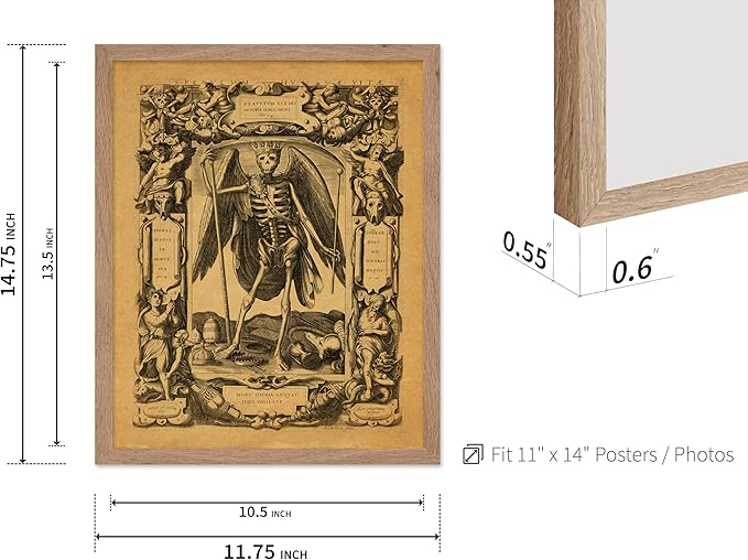 Poster Master Vintage Medieval Poster - Retro Gothic Print - Gift for Artist, Friend - Angel of Death, Memento Mori, Life, Skeleton, Dark - Wall Decor for Home, Living Room, 11x14 Beige Framed