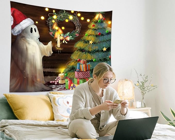 QGHOT Christmas Tapestry Wall Hanging Christmas Tree Backdrop Cute Ghost Wall Decor Xmas Holiday Tapestries for Kids Bedroom Living Room Dorm Party Decoration, Large