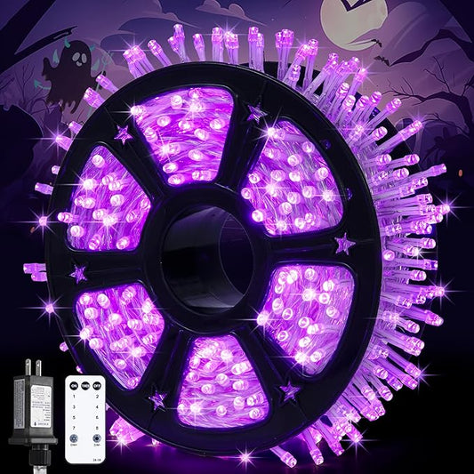 JMEXSUSS 600 LED Purple Halloween Lights Outdoor, 8 Modes Purple String Lights Indoor, 168ft LED Christmas Light Plug in for Bedroom Fireplace Party Halloween Christmas Tree Decorations