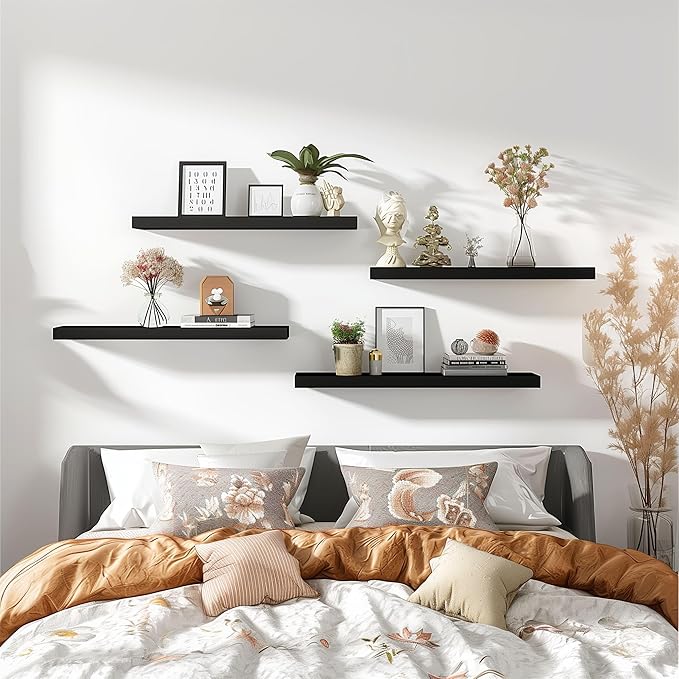 Wood Floating Shelves for Wall Decor, Rustic Wall Shelves for Bedroom Bathroom Kitchen Living Room, Set of 4 Black 24 Inch