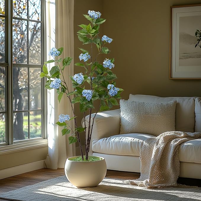 Fake Plants Home Decor Artificial Plants Outdoor Hydrangea Artificial Plants Indoor Fake Tree Living Room Decor Artificial Tree Porch Decor Fiddle Leaf Fig Tree 6Ft (Blue)