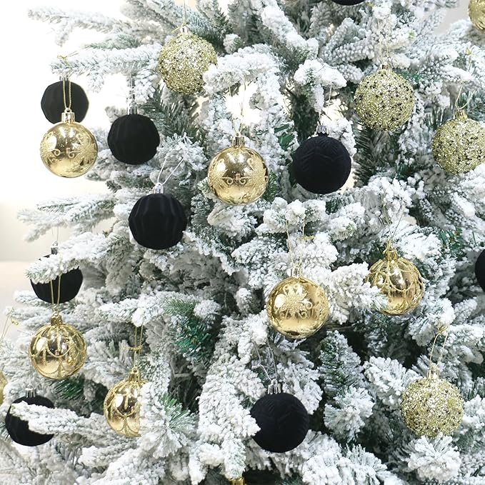 2.36In Velvet Christmas Ball Ornaments, 25PCS Black/Gold Flocked Christmas Tree Hanging Decorations, for Home Holiday Wedding Indoor Xmas Party Decor.