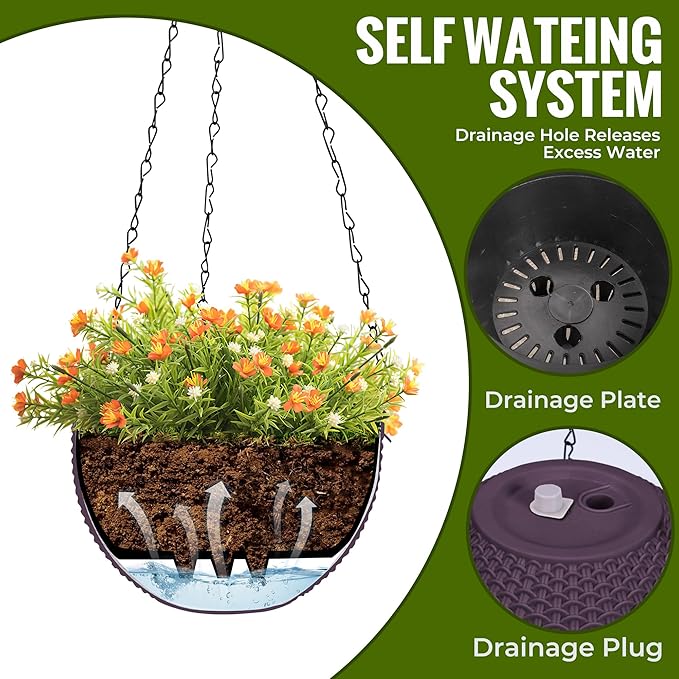 Hanging Planters for Outdoor Plants,2 Pack Coffee Artificial Rattan Solar Hanging Baskets with Drainage Holes & Removable Tray,Hanging Flower Pots Gardening Gifts for Women/Mothers