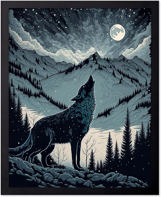 Poster Master Vintage Illustration Poster - Retro Animal Print - Gift for Artist, Friend - Wolf Howling at the Moon, Mountain, Snow, Landscape - Wall Decor for Home, Office, 16x20 Black Framed