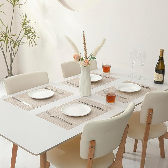Leetaltree Beige Placemats Set of 16 - Heat Resistant Non-Slip Place mats for Dining Table, Washable Durable PVC Vinyl Woven Table Mats（Beige, 16）